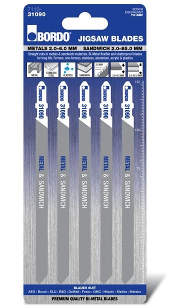 BORDO JIG SAW BIM T-SHANK MEDIUM STRAIGHT CUT 132MM METAL 5 PK